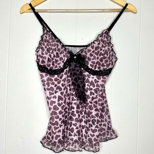 Y2K Cami with hearts pink and black, Women’s size M, lace trim mesh camisole top